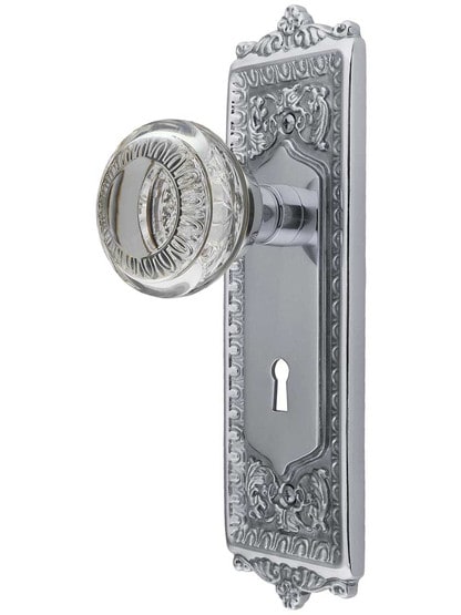 Egg & Dart Style Door Set with Ovolo Crystal-Glass Knobs and Keyhole.